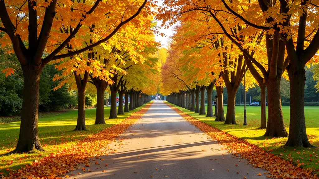 Krāsainās rudens lapas parkas ceļā, skaista sezonāla ainava