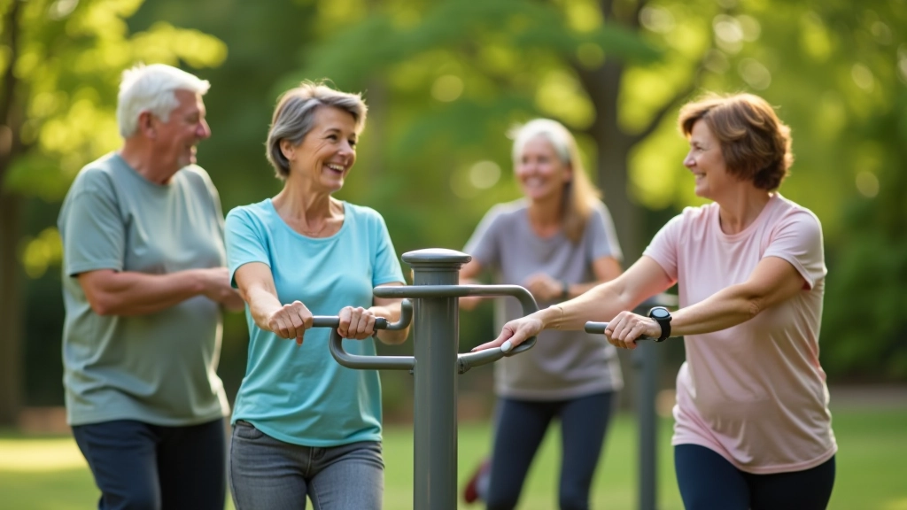 Senioru grupa veic vingrinājumus brīvdabas fitnesa laukumā parkā, smaidoši un draudzīgi