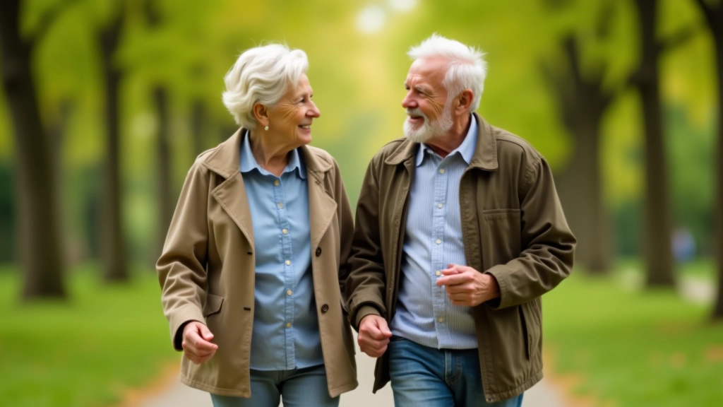 Divi seniori pastaigā parkā, draudzīga atmosfēra, sarunājoties